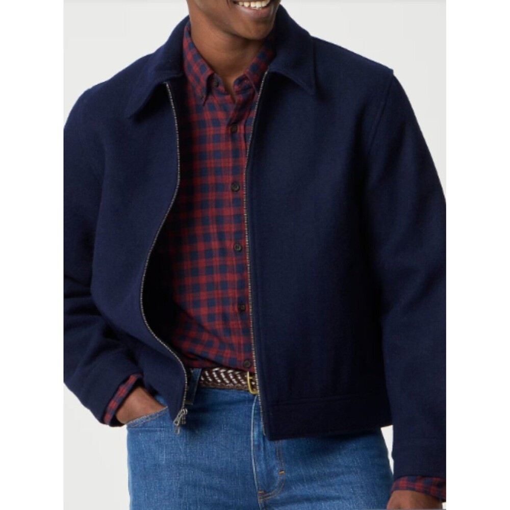 J Crew Men's Elegant Holiday Blue Work Jacket Wool Blend Coat 2-Way Front Zip